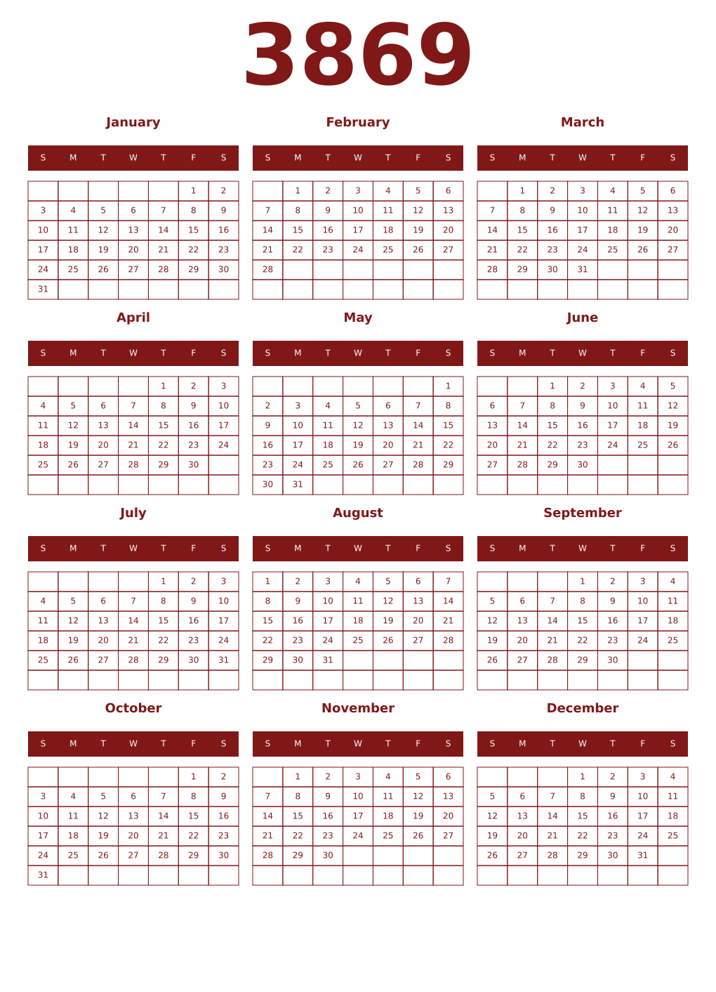 Printable 3869 Year Calendars falu