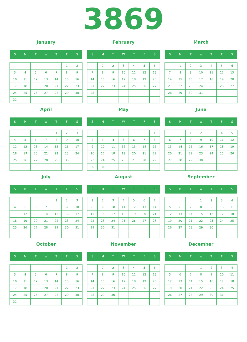 Printable 3869 Year Calendars green