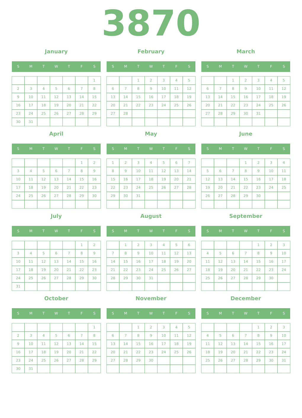 Printable 3870 Year Calendars celadon