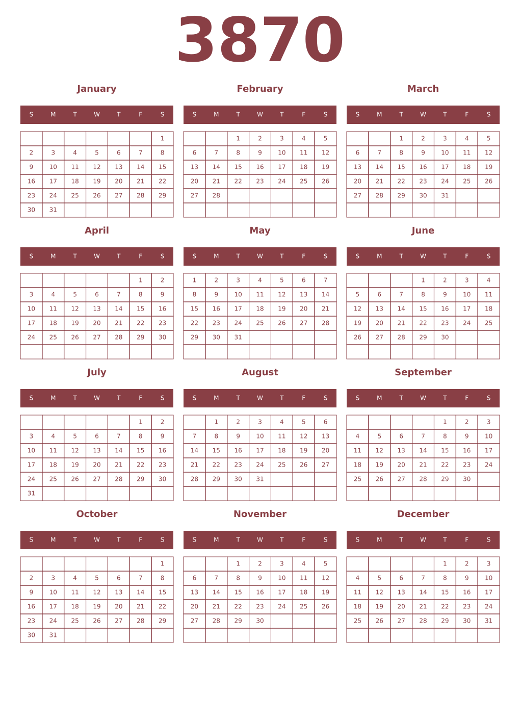 Printable 3870 Year Calendars cordovan
