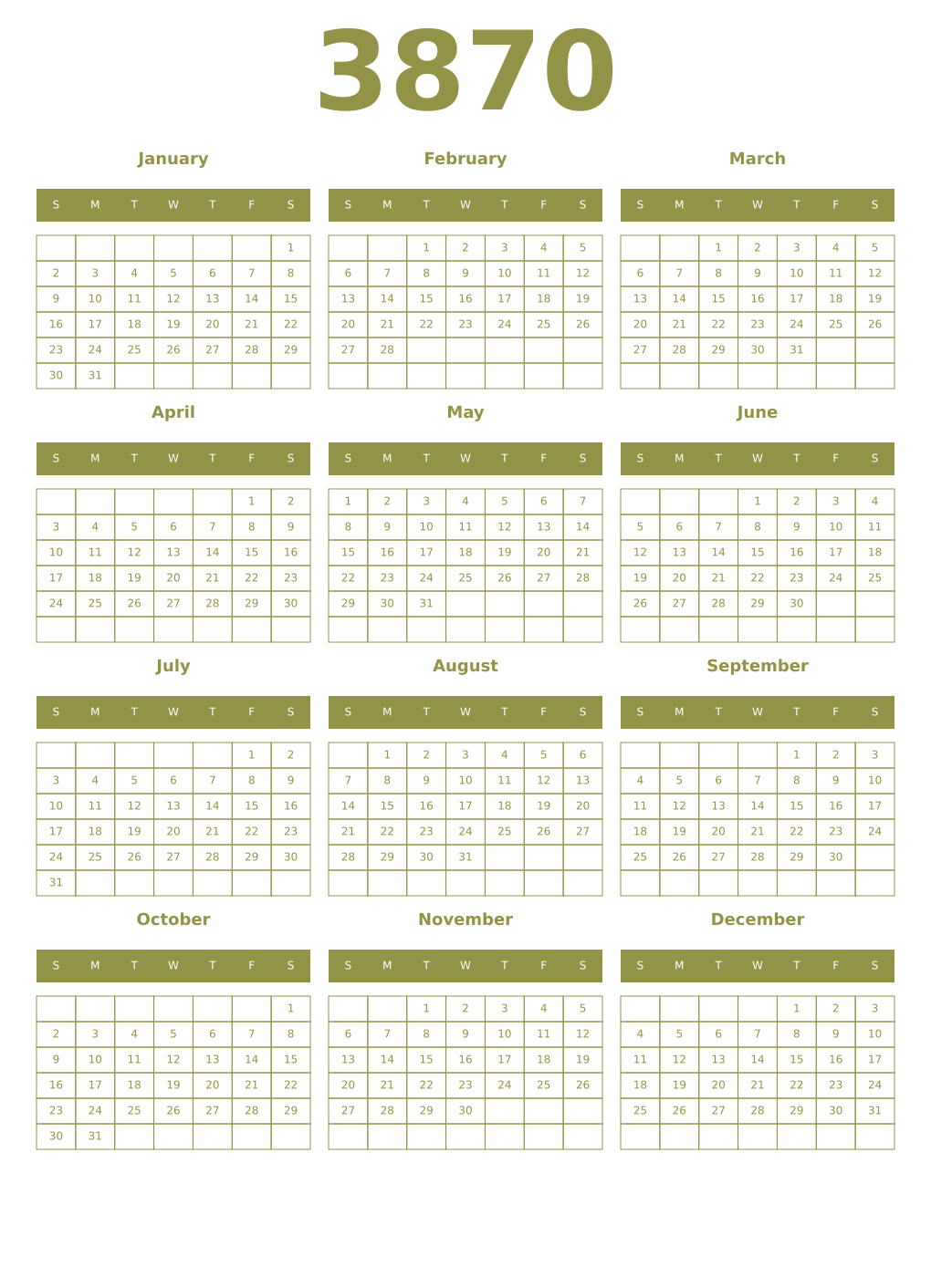 Printable 3870 Year Calendars eburnean