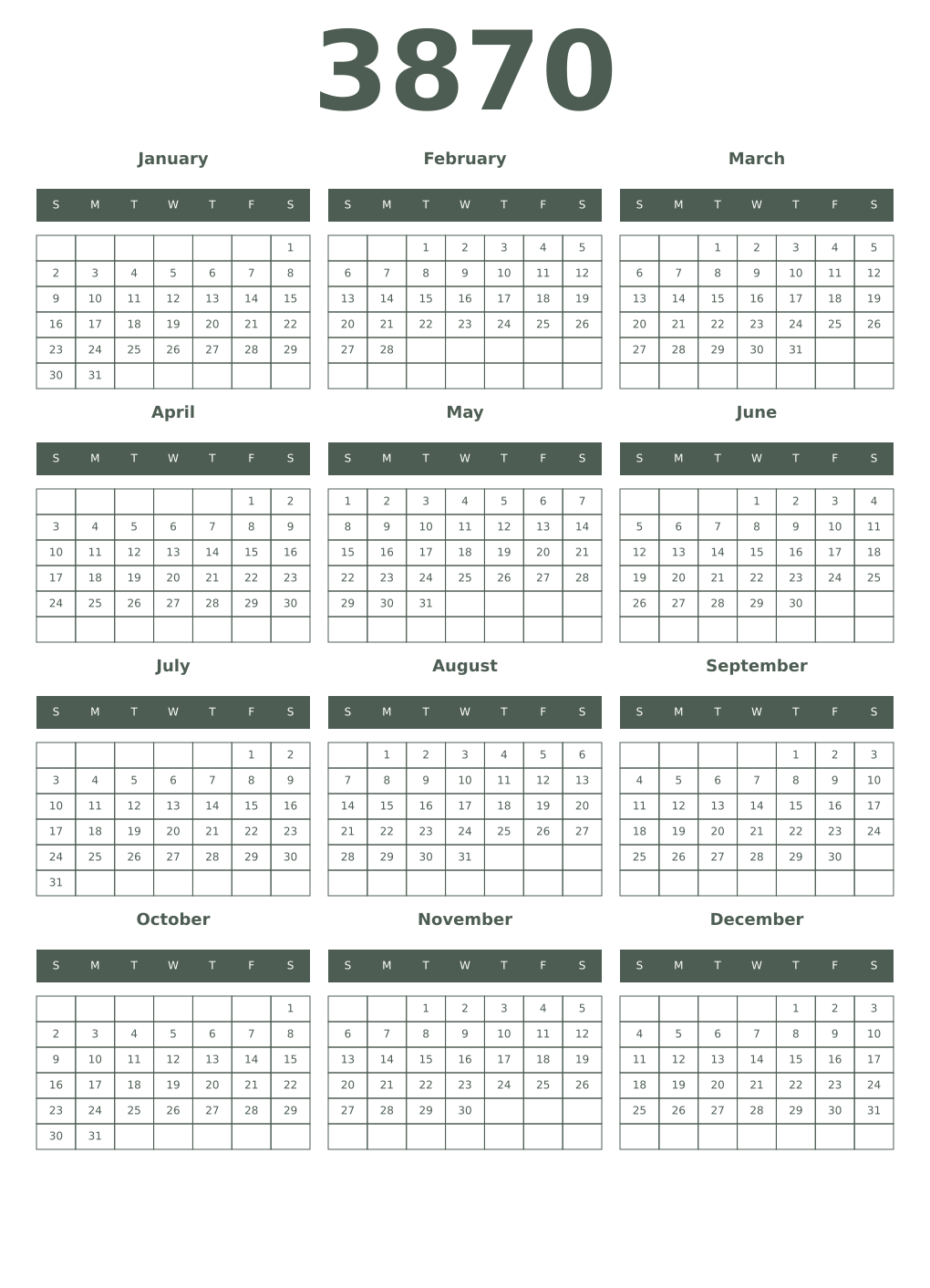 Printable 3870 Year Calendars feldgrau