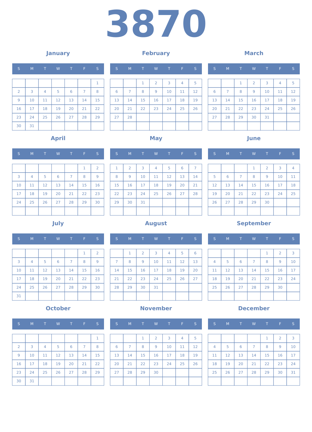 Printable 3870 Year Calendars glaucous