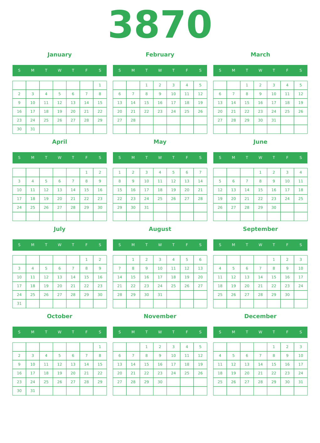 Printable 3870 Year Calendars green