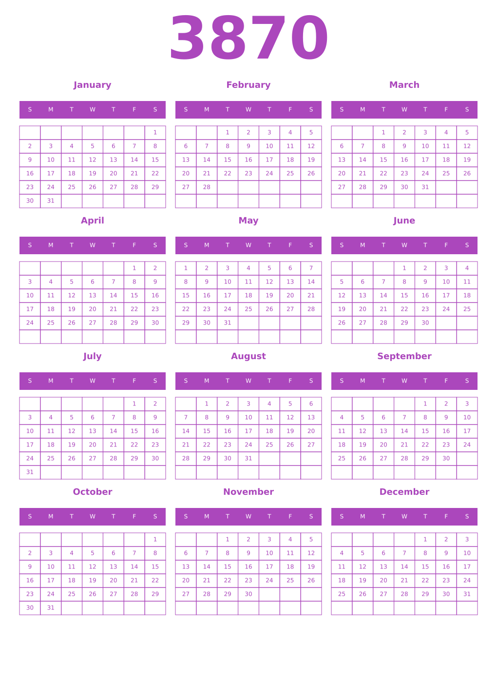 Printable 3870 Year Calendars purple