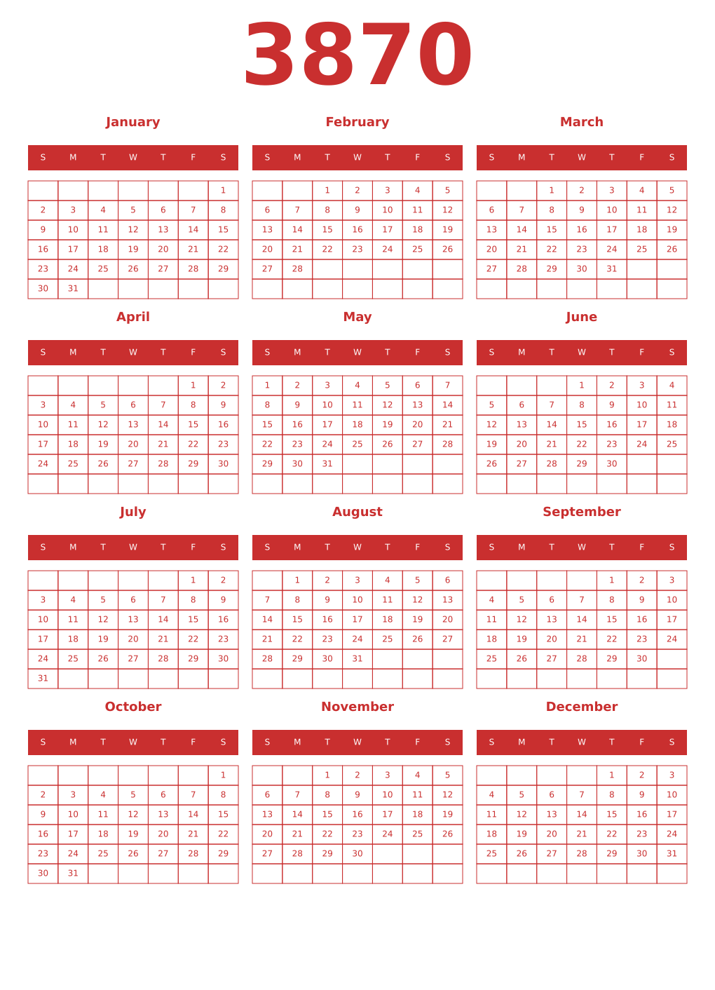 Printable 3870 Year Calendars red