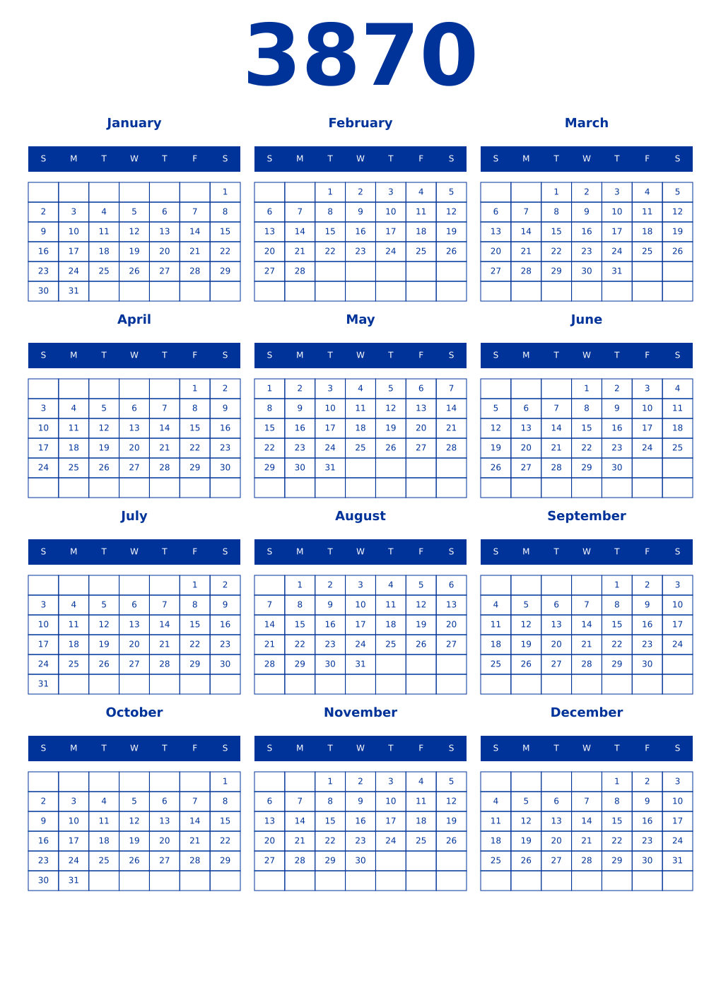 Printable 3870 Year Calendars smalt