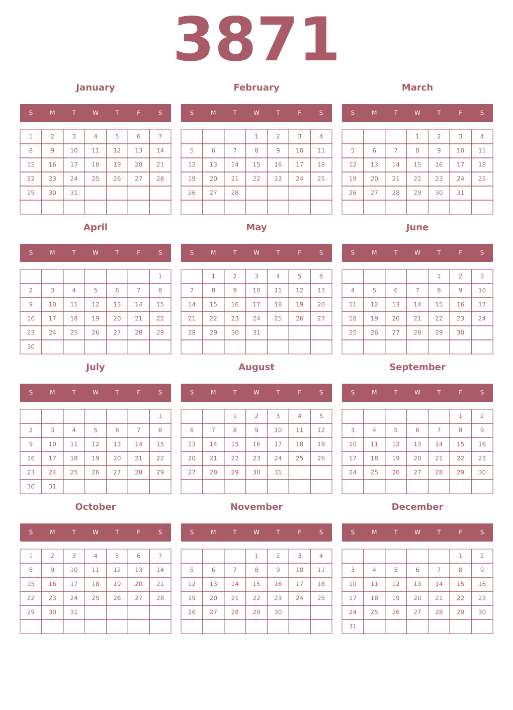 Printable 3871 Year Calendars puce