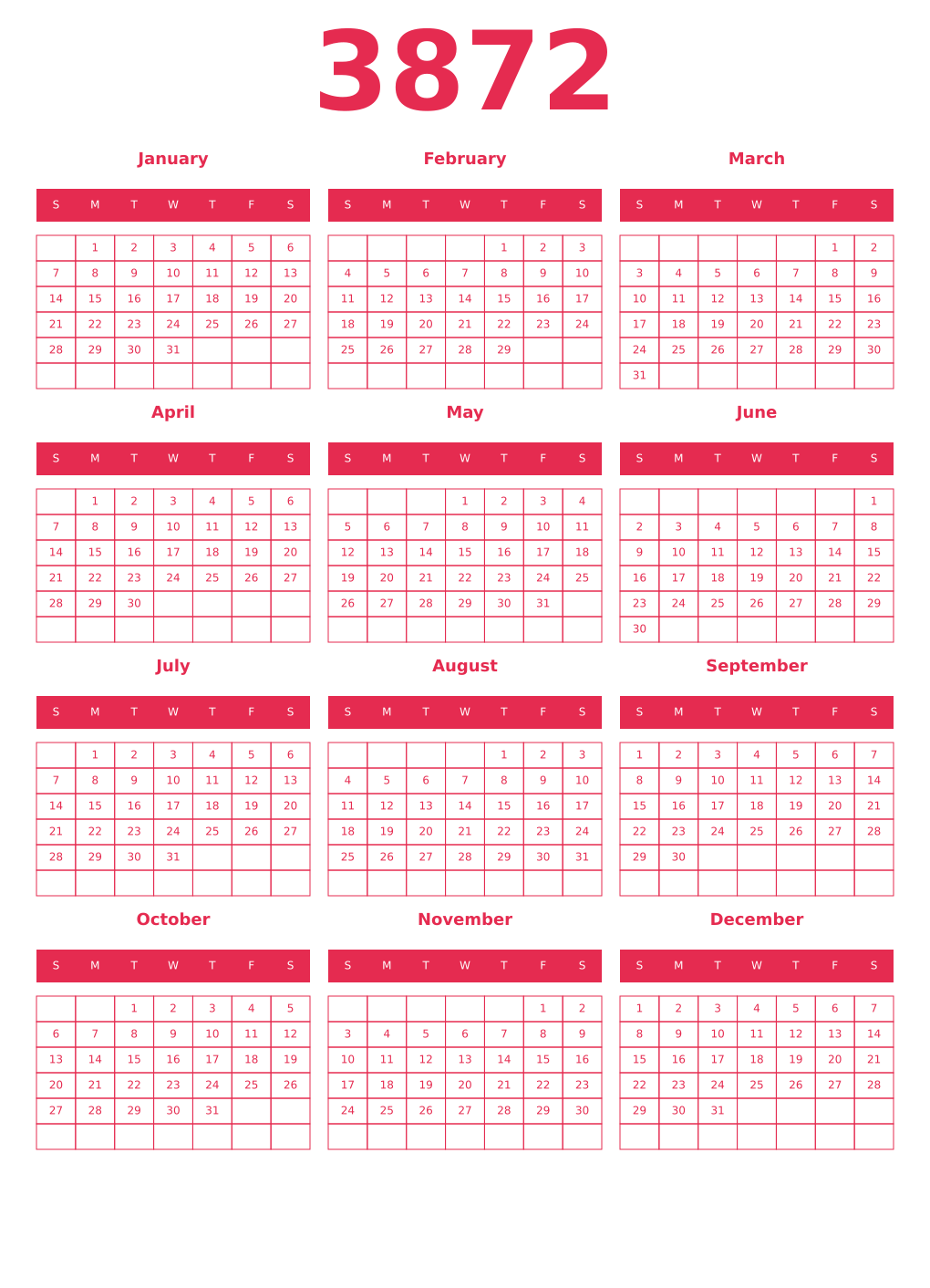 Printable 3872 Year Calendars amaranth
