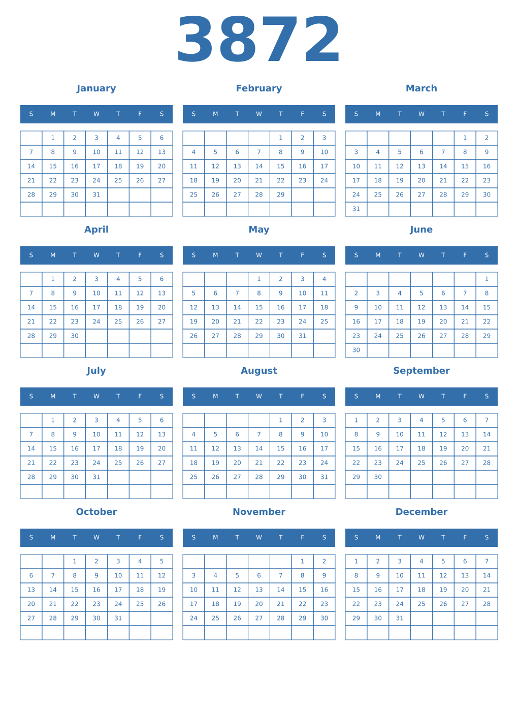 Printable 3872 Year Calendars blue