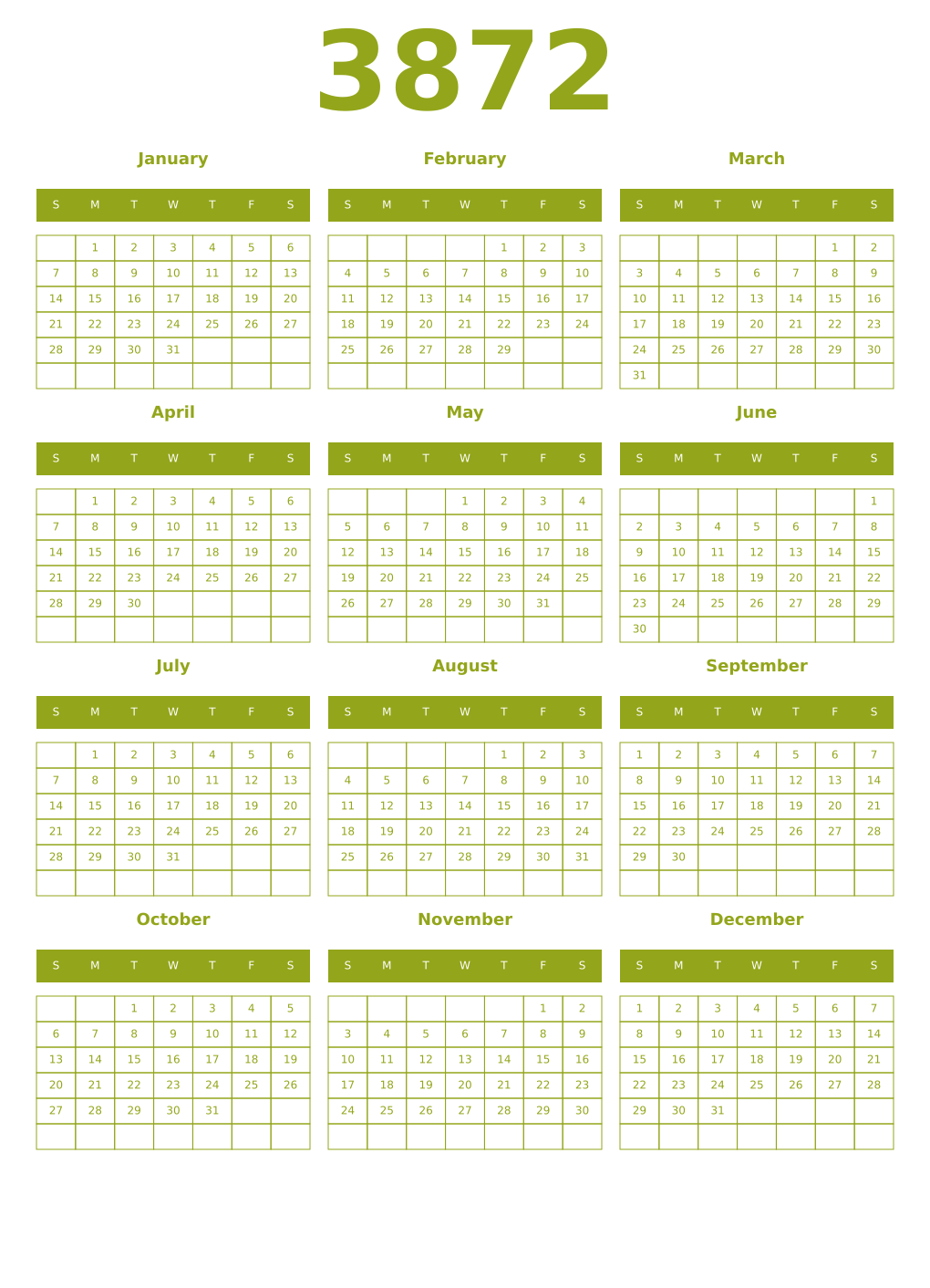 Printable 3872 Year Calendars chartreuse