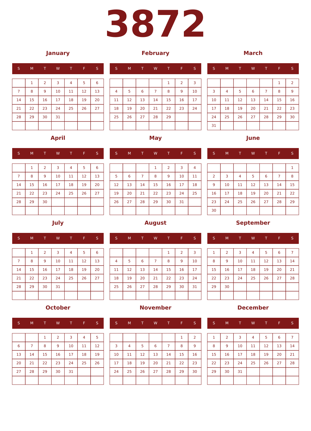 Printable 3872 Year Calendars falu