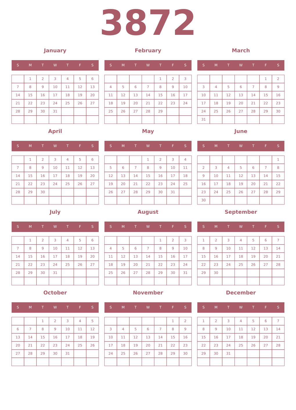 Printable 3872 Year Calendars puce