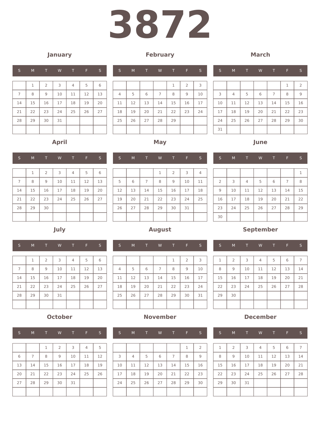 Printable 3872 Year Calendars wenge