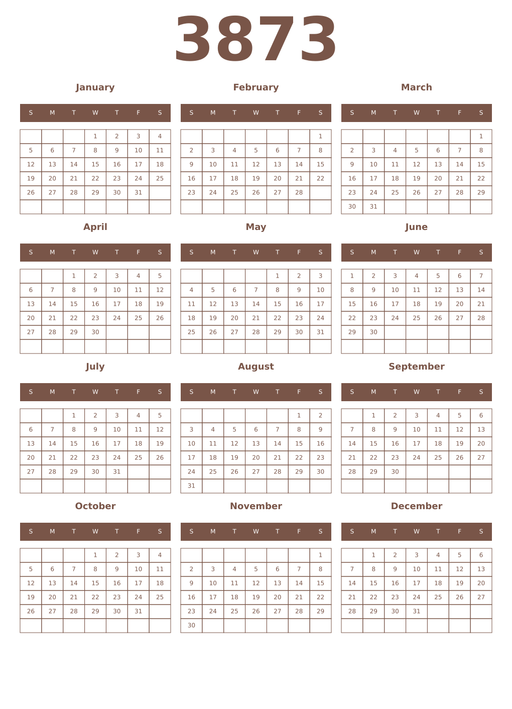 Printable 3873 Year Calendars coffe