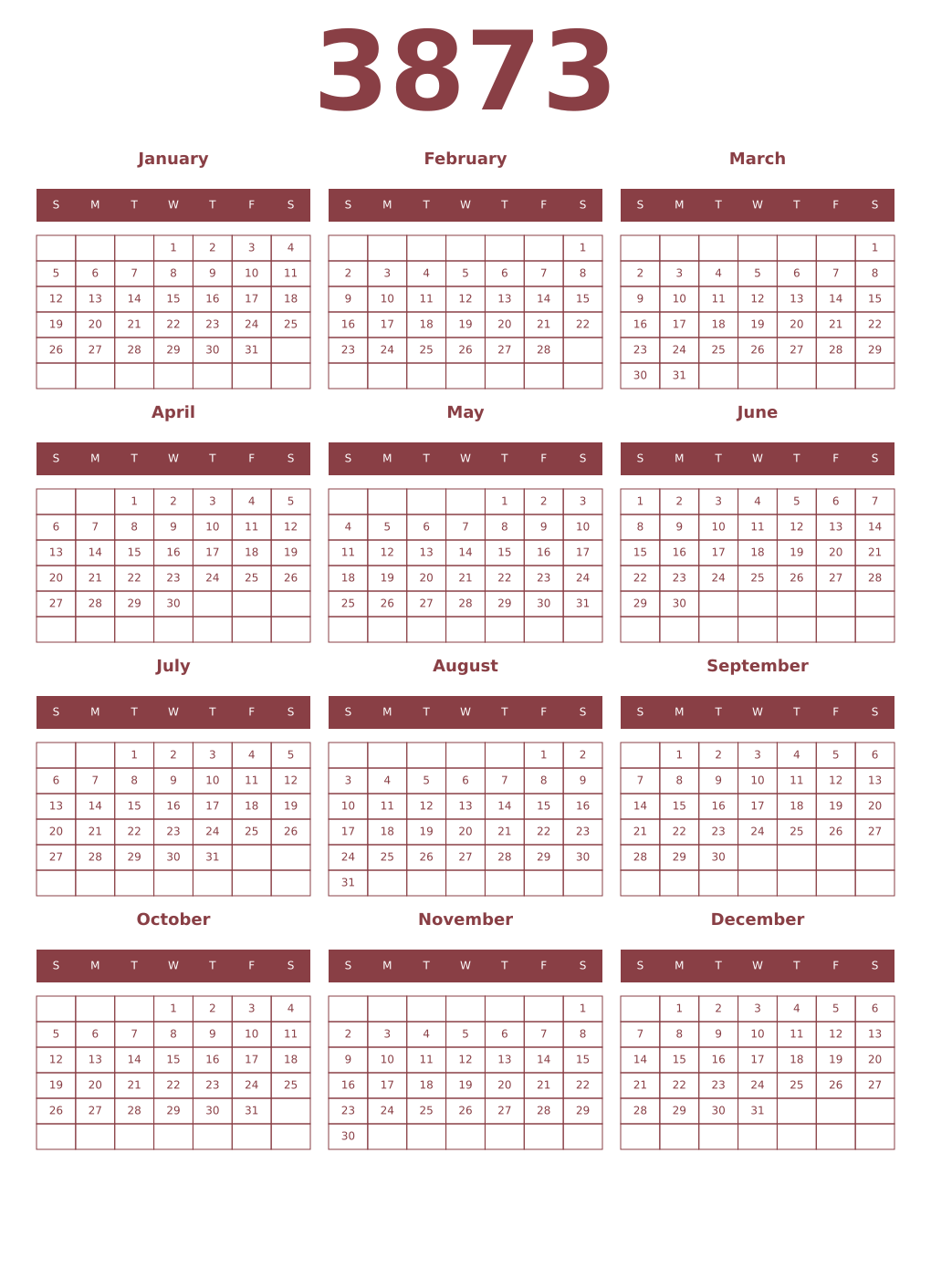 Printable 3873 Year Calendars cordovan