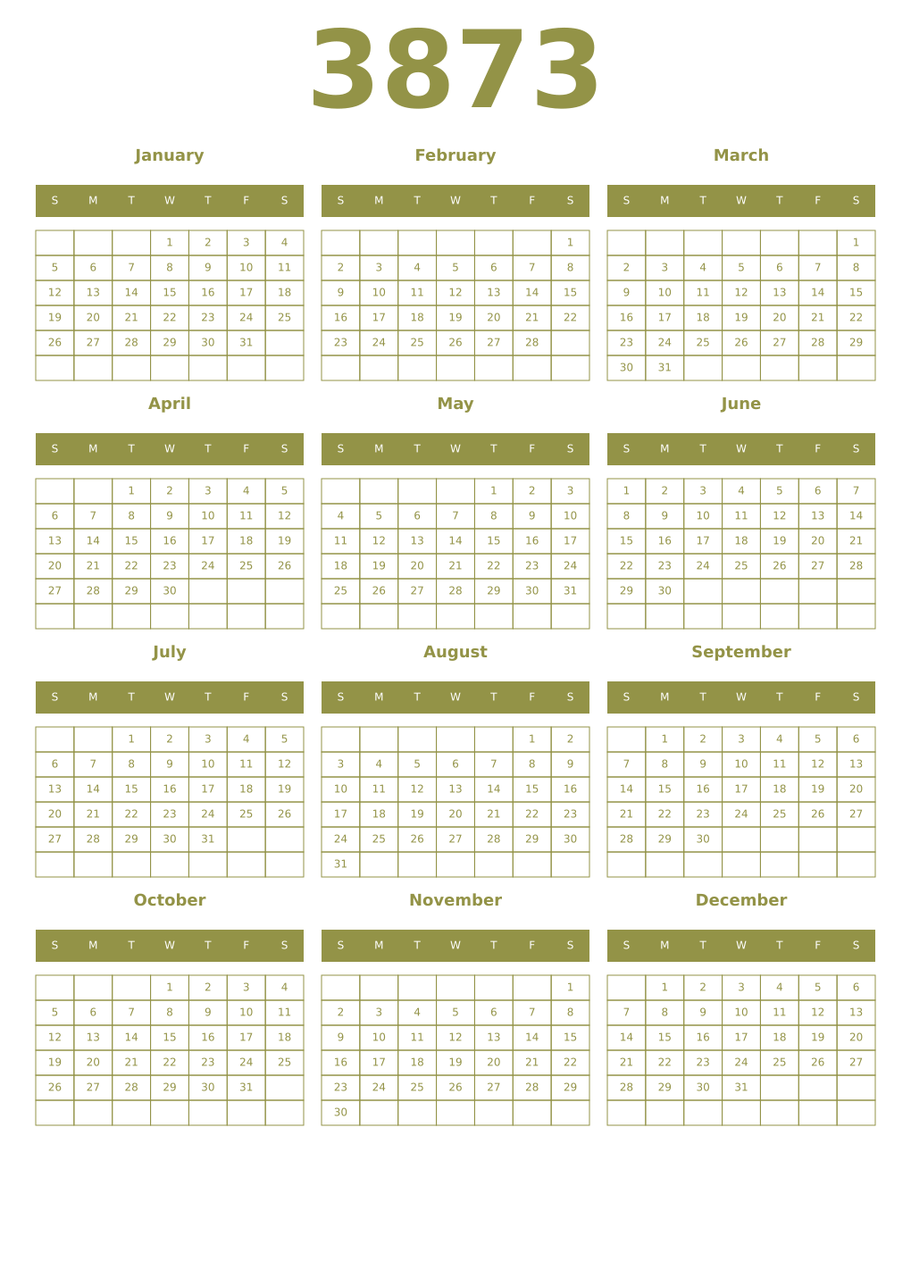 Printable 3873 Year Calendars eburnean