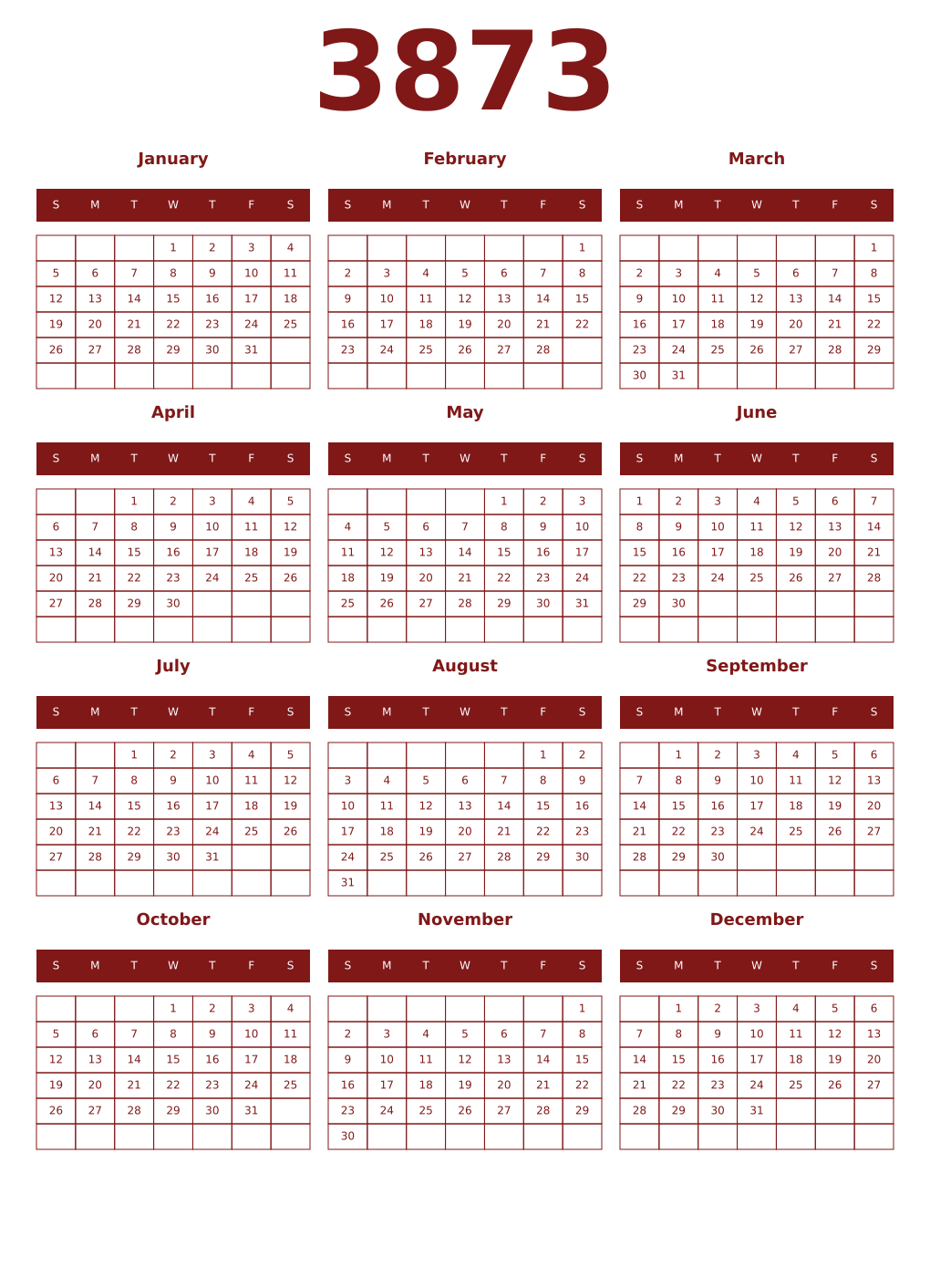 Printable 3873 Year Calendars falu