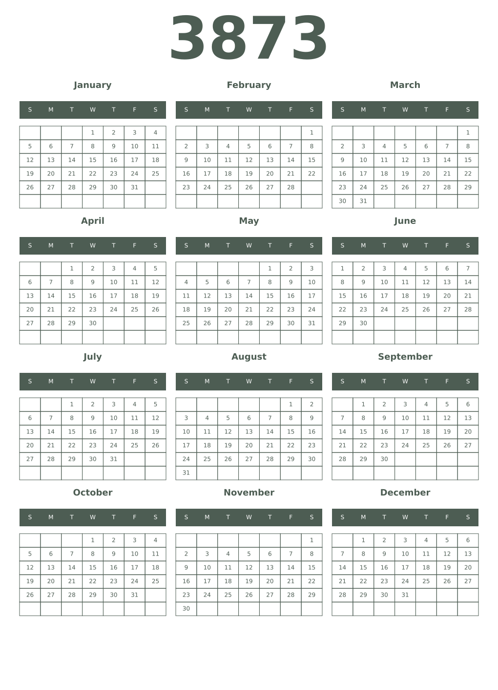 Printable 3873 Year Calendars feldgrau