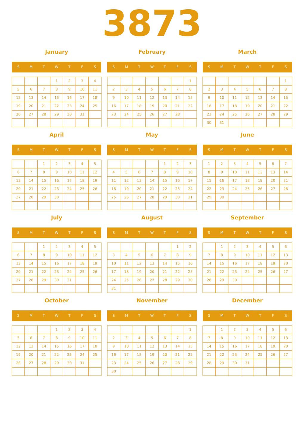 Printable 3873 Year Calendars gamboge