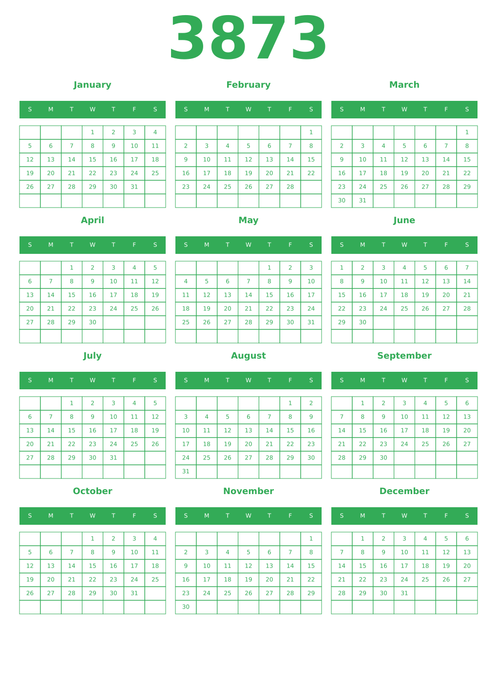 Printable 3873 Year Calendars green