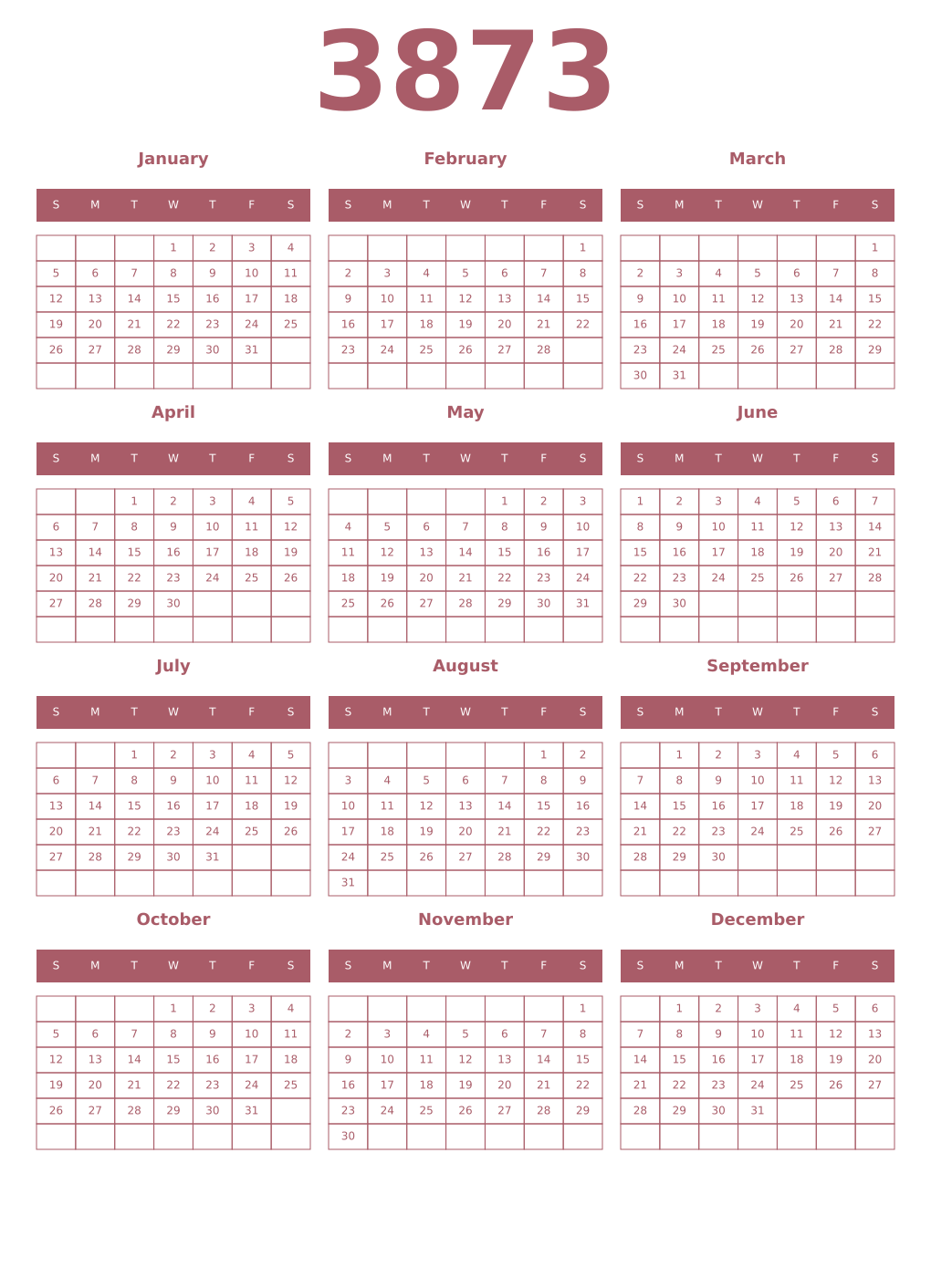 Printable 3873 Year Calendars puce