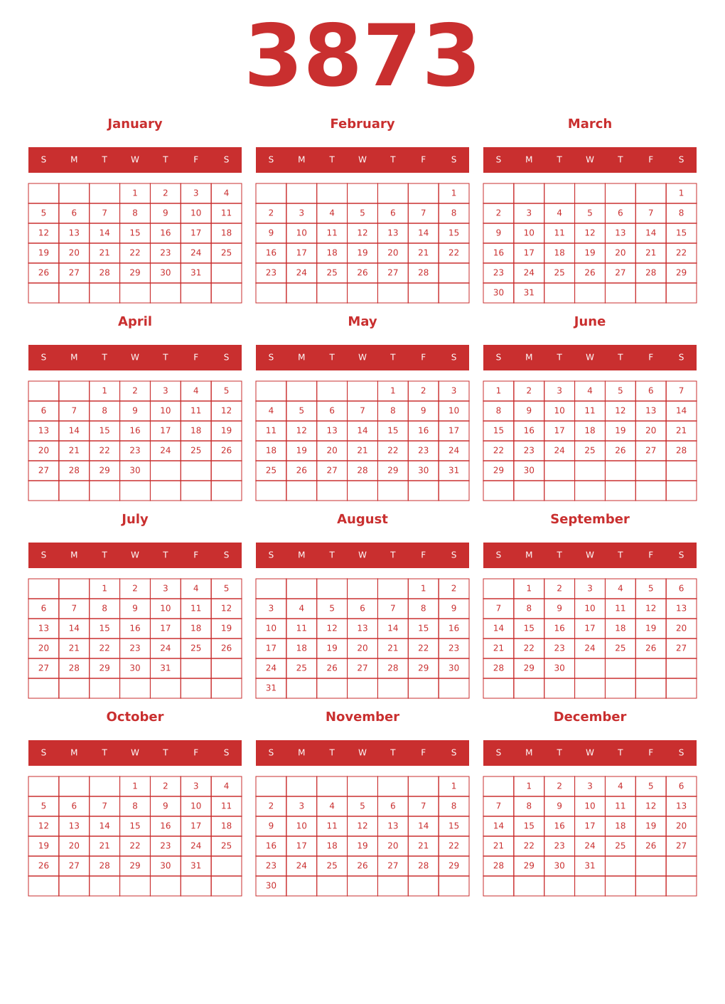 Printable 3873 Year Calendars red