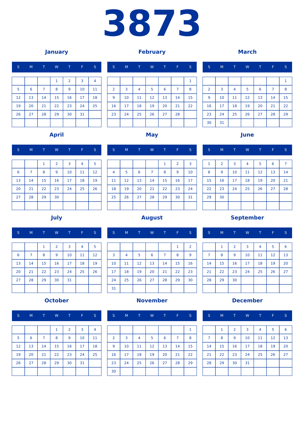 Printable 3873 Year Calendars smalt