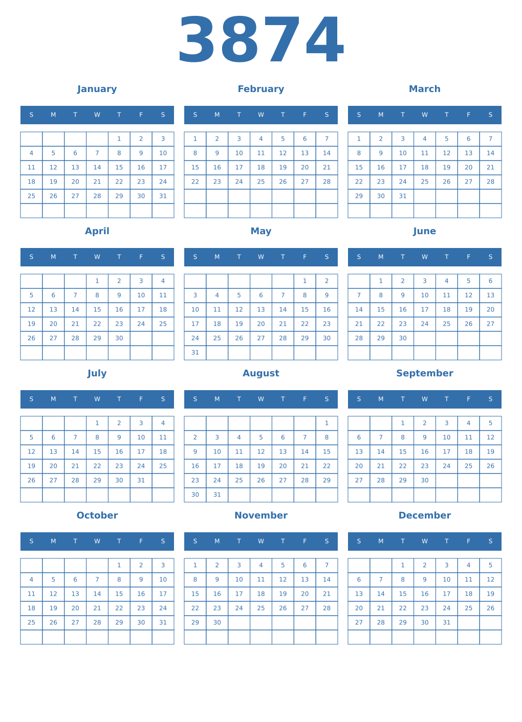 Printable 3874 Year Calendars blue