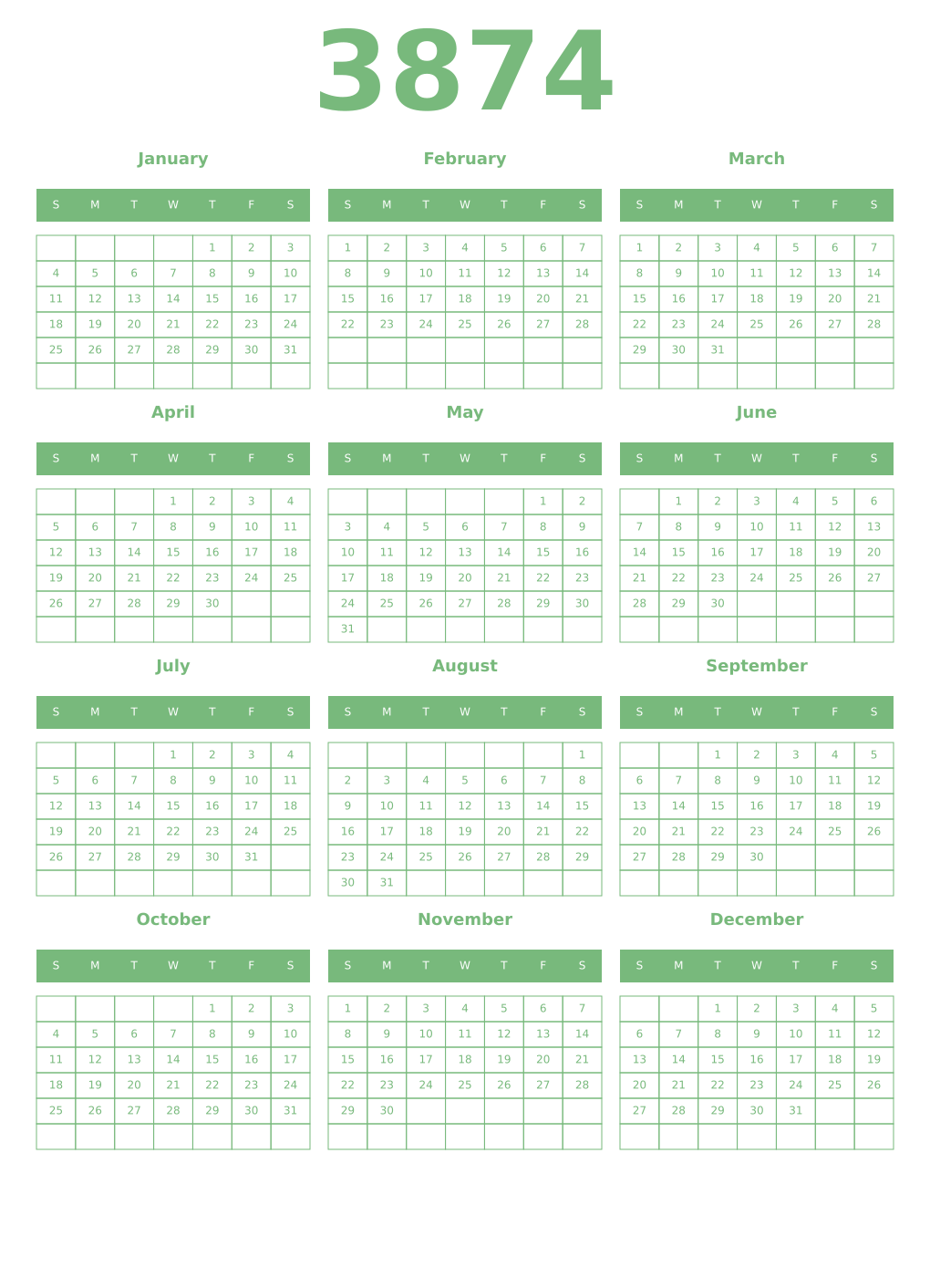 Printable 3874 Year Calendars celadon