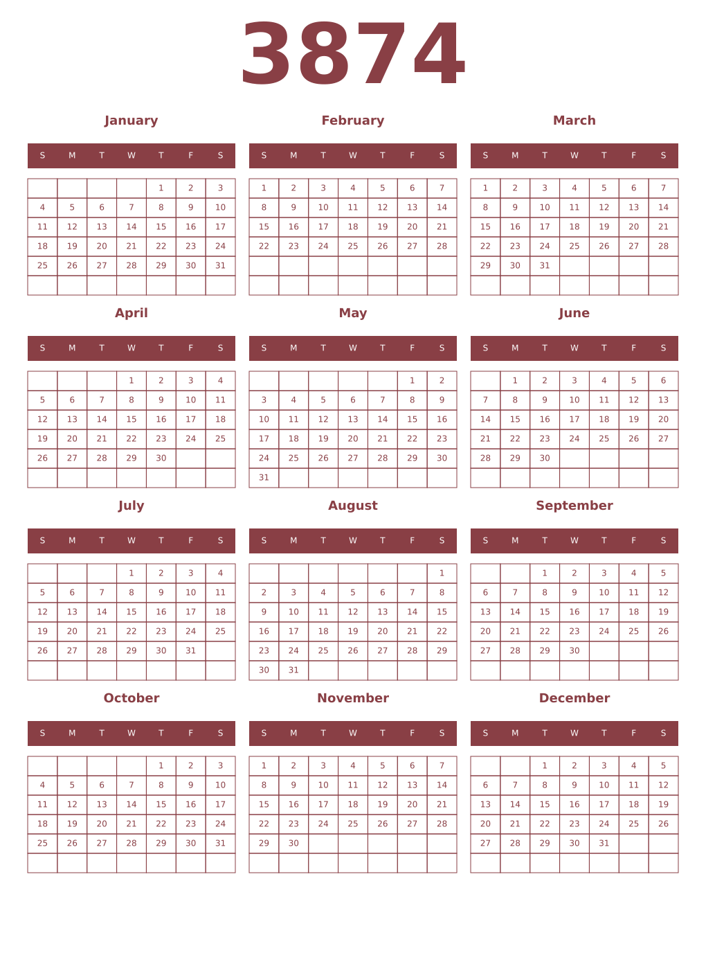Printable 3874 Year Calendars cordovan