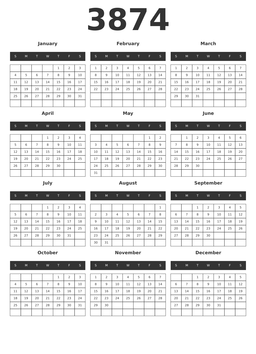 Printable 3874 Year Calendars dark