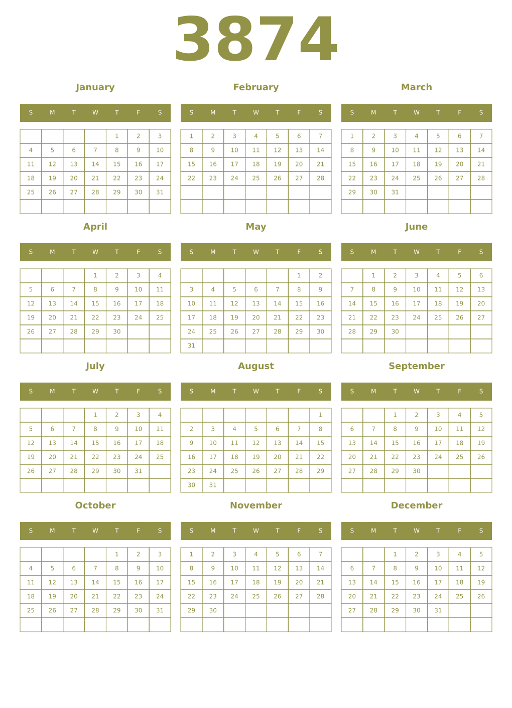 Printable 3874 Year Calendars eburnean