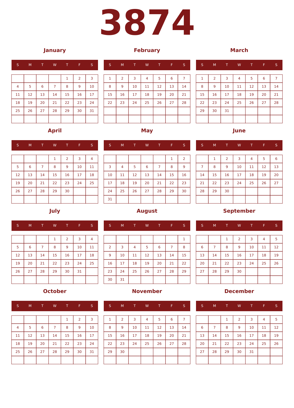 Printable 3874 Year Calendars falu