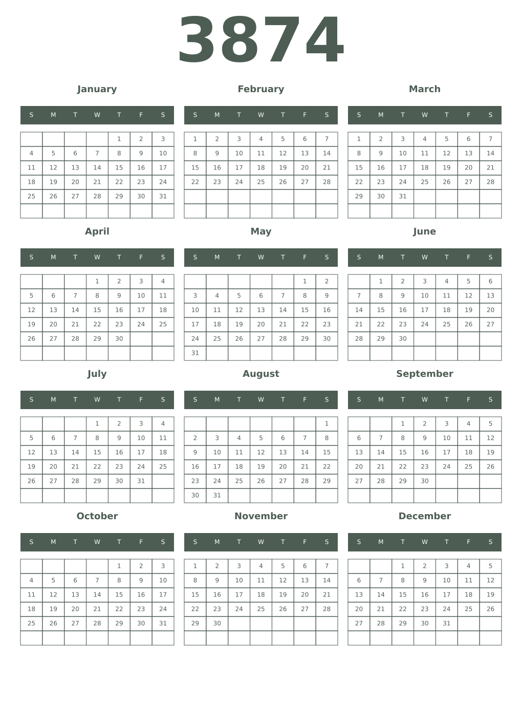 Printable 3874 Year Calendars feldgrau