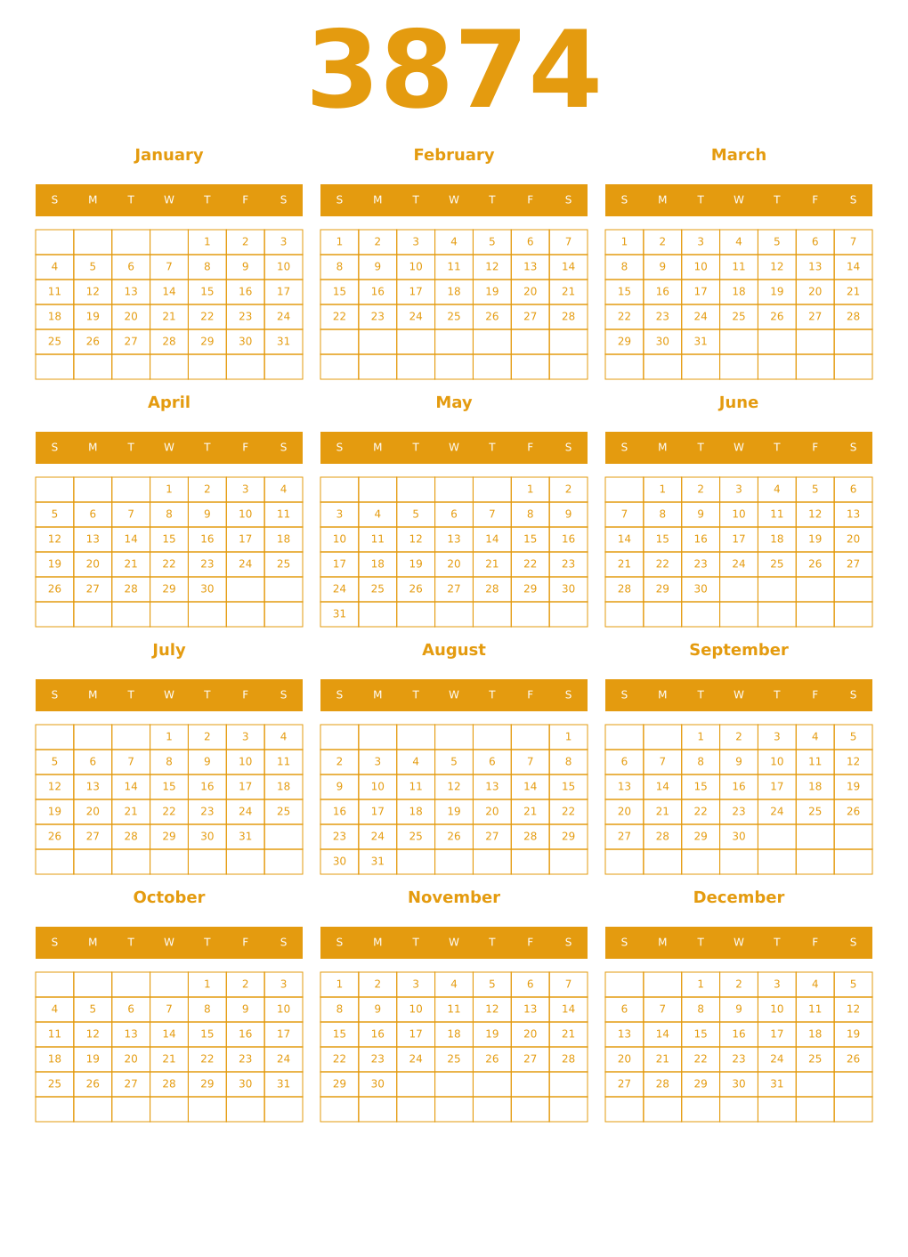 Printable 3874 Year Calendars gamboge