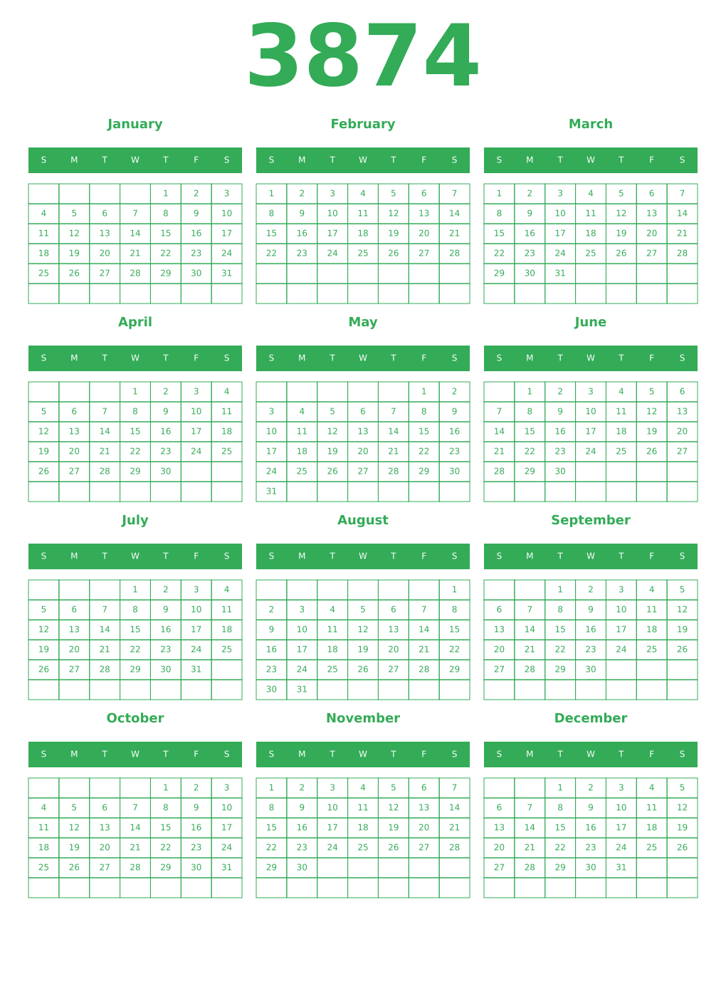 Printable 3874 Year Calendars green