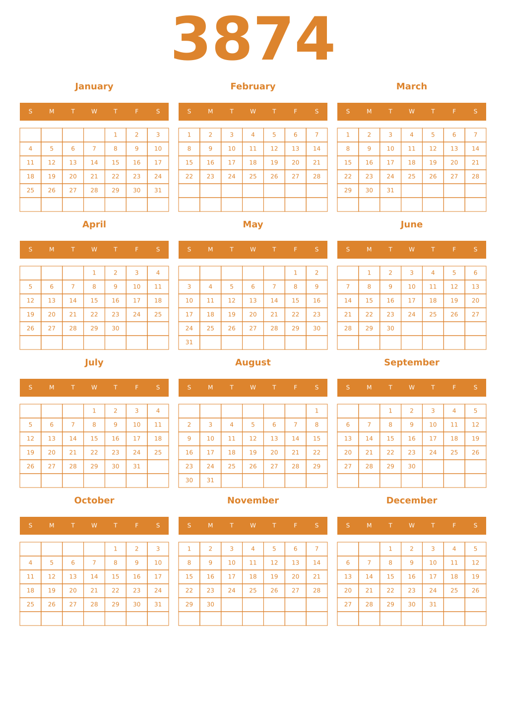 Printable 3874 Year Calendars orange
