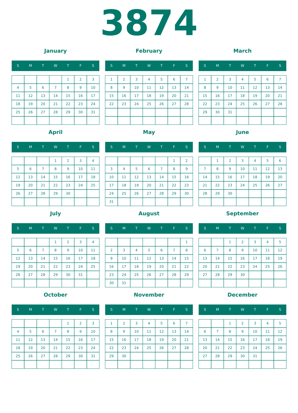Printable 3874 Year Calendars pastel