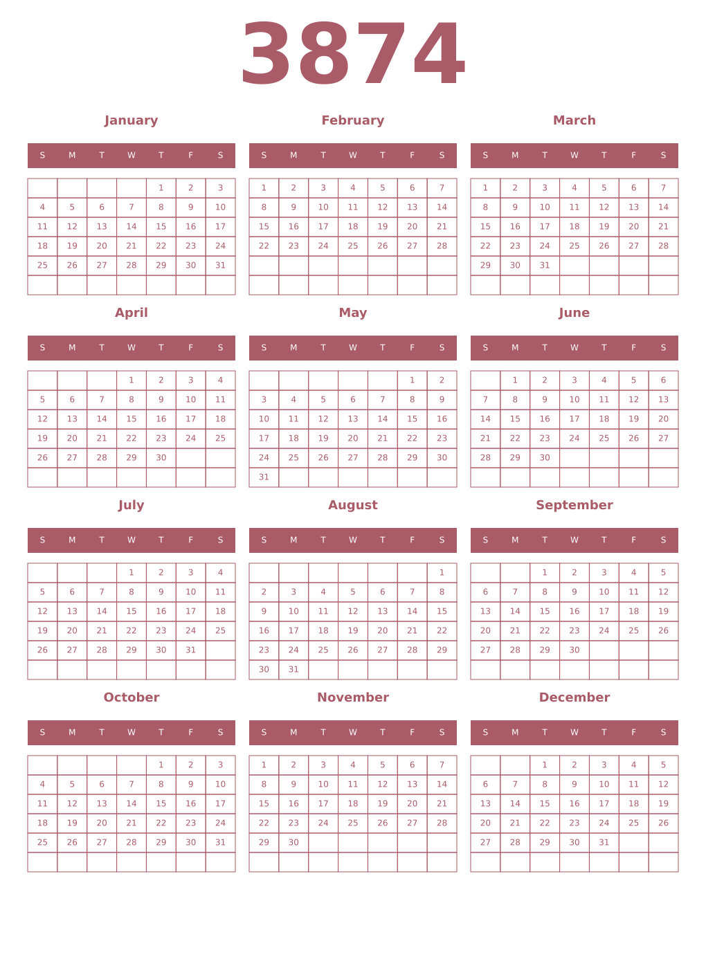 Printable 3874 Year Calendars puce