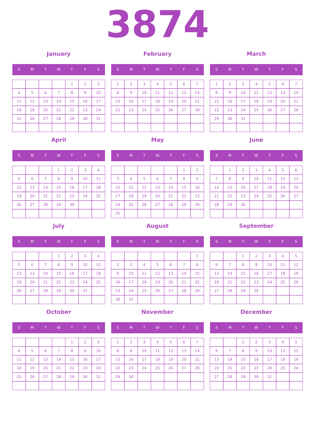 Printable 3874 Year Calendars purple