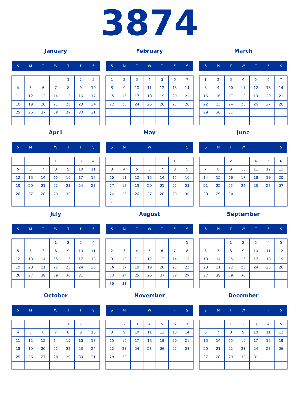 Printable 3874 Year Calendars smalt