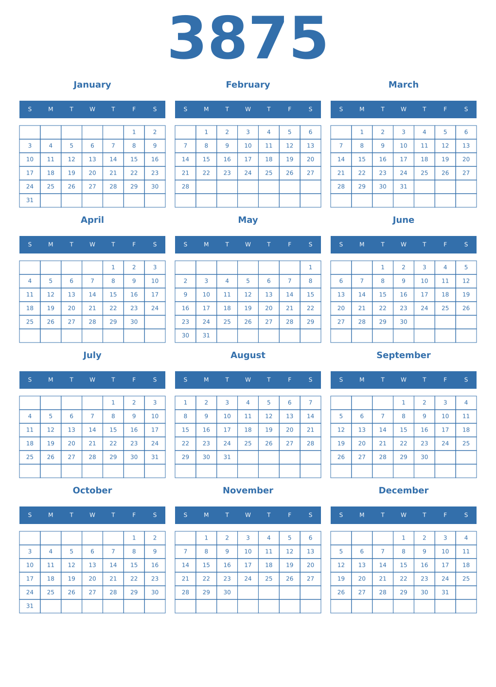 Printable 3875 Year Calendars blue