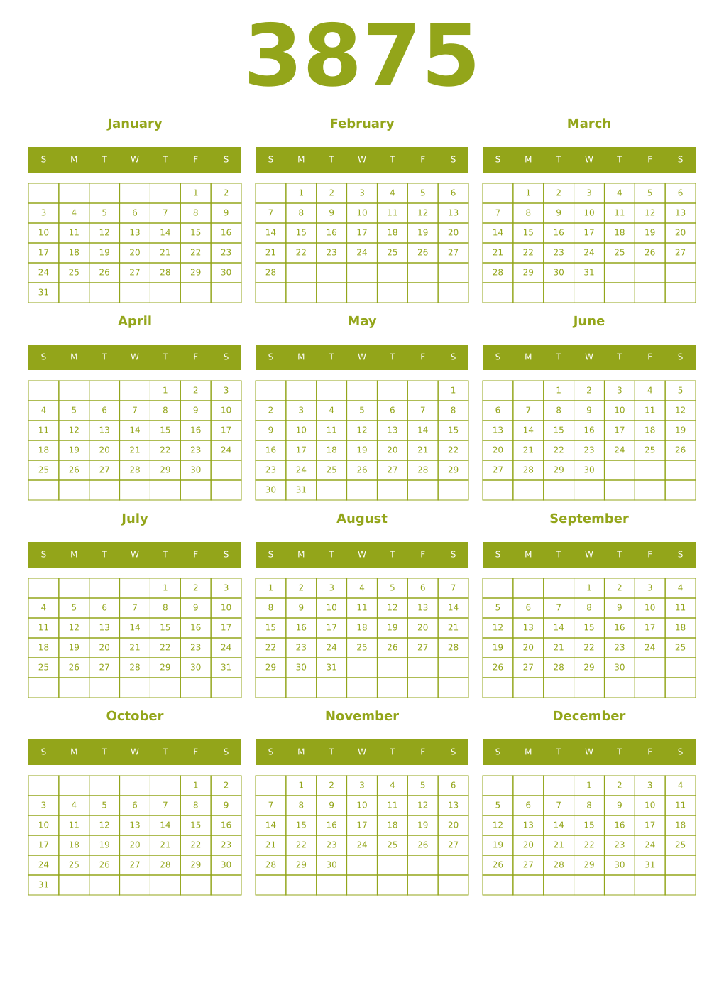 Printable 3875 Year Calendars chartreuse