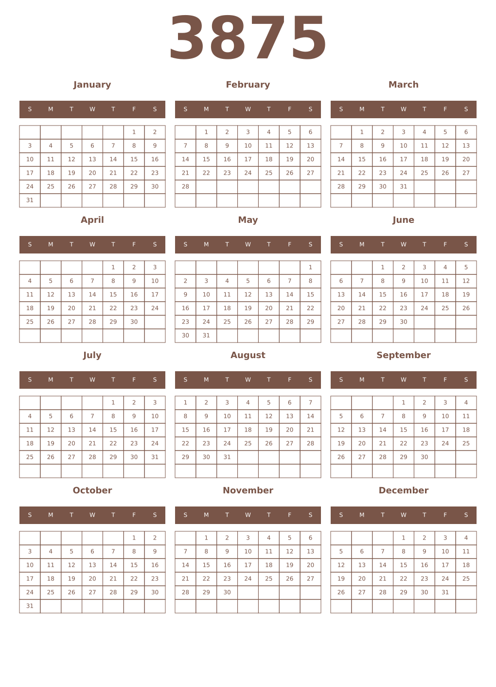 Printable 3875 Year Calendars coffe
