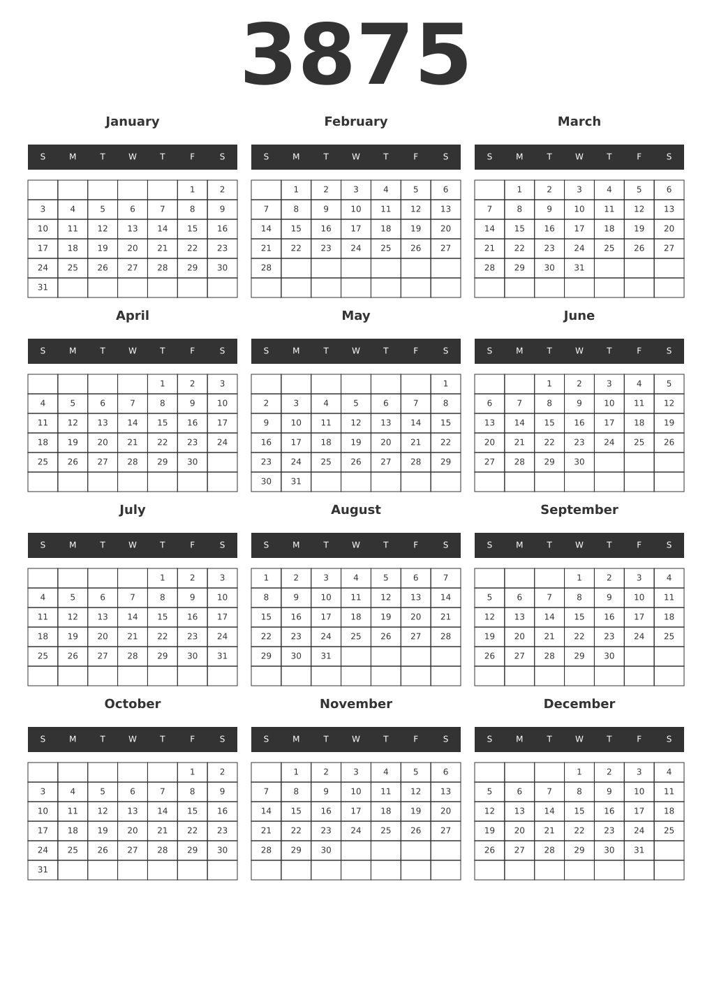 Printable 3875 Year Calendars dark