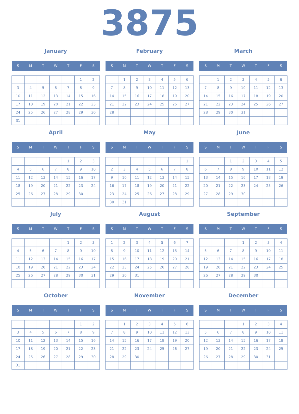 Printable 3875 Year Calendars glaucous