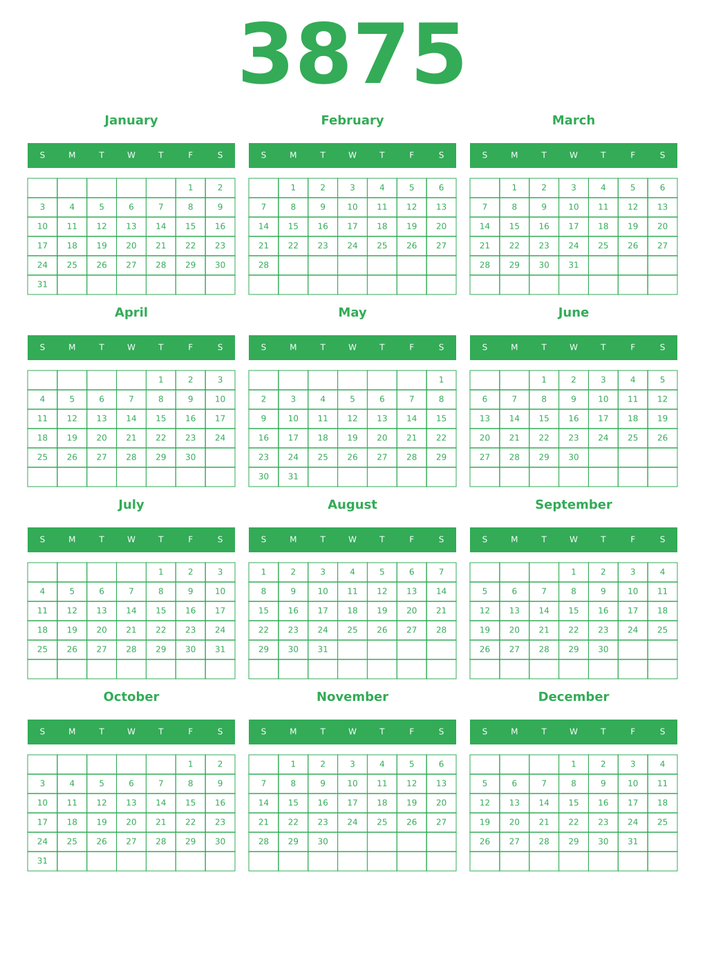Printable 3875 Year Calendars green