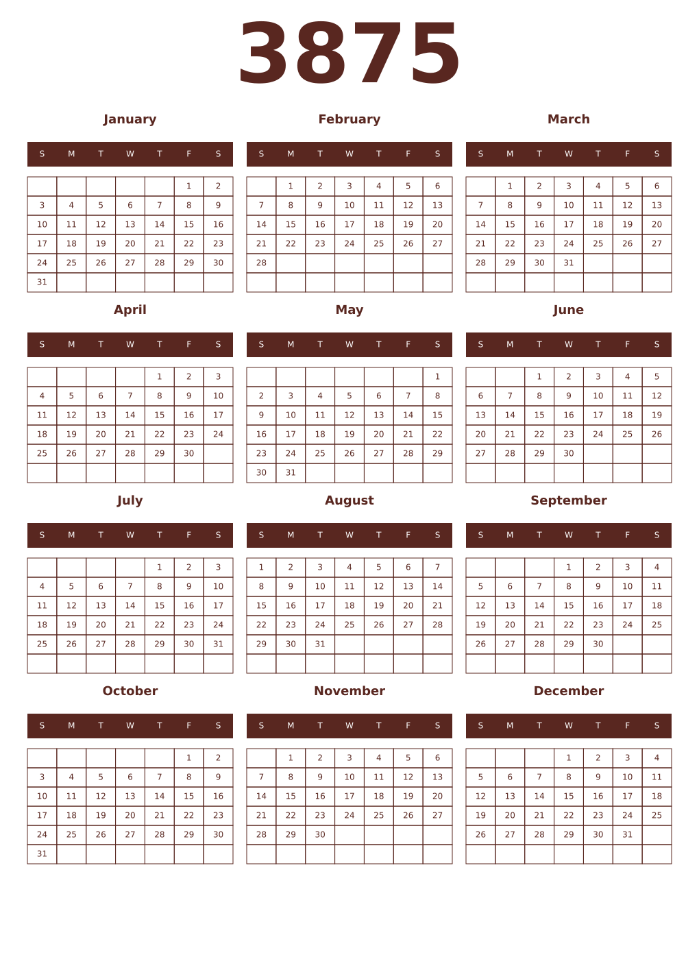 Printable 3875 Year Calendars mortuum