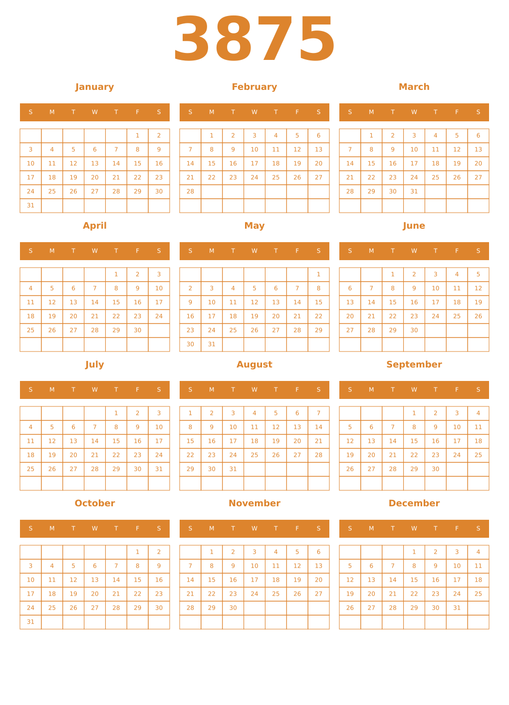 Printable 3875 Year Calendars orange